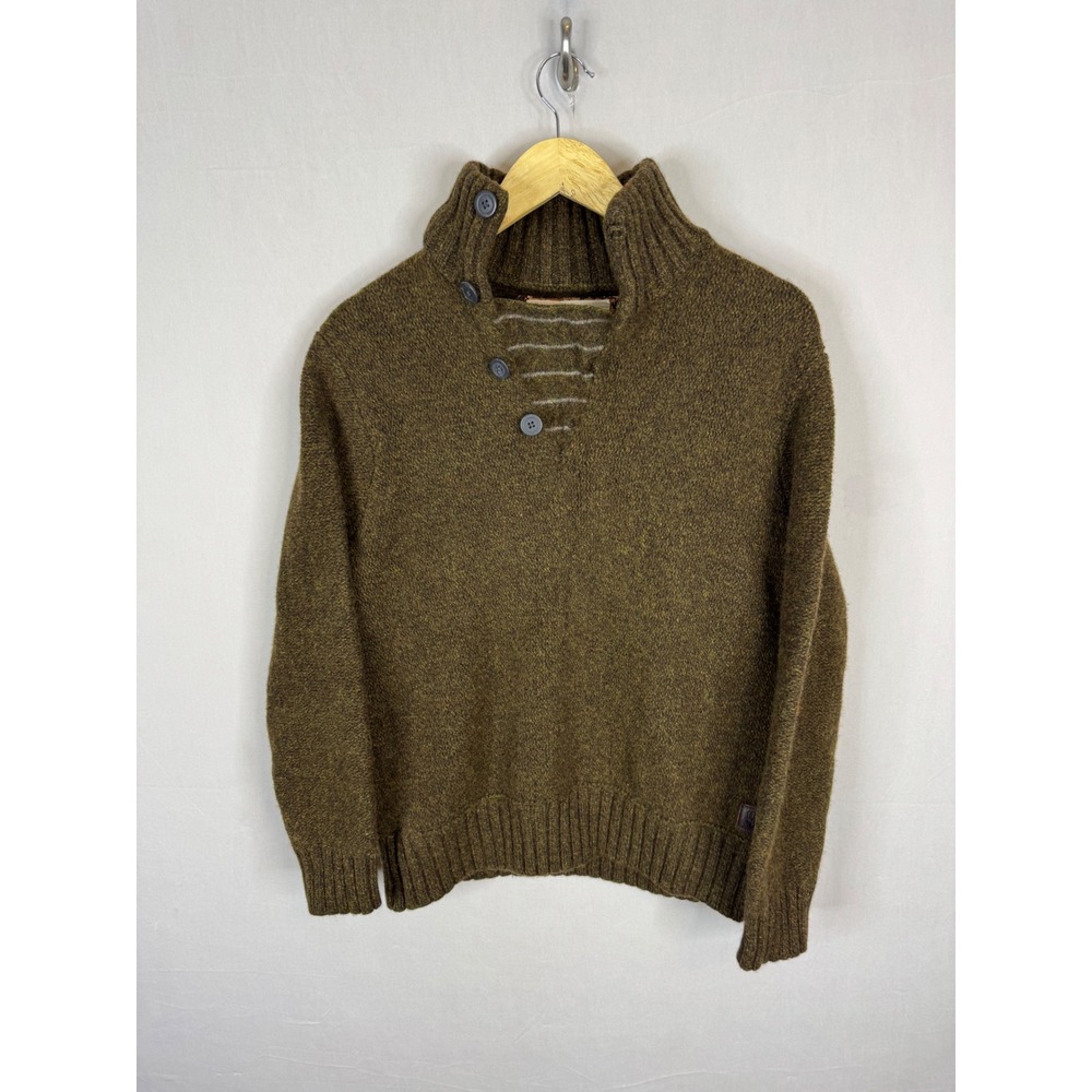 Roots Canada Mens 100% Lambswool Button Mock Neck Sweater Green Fits S tagged L